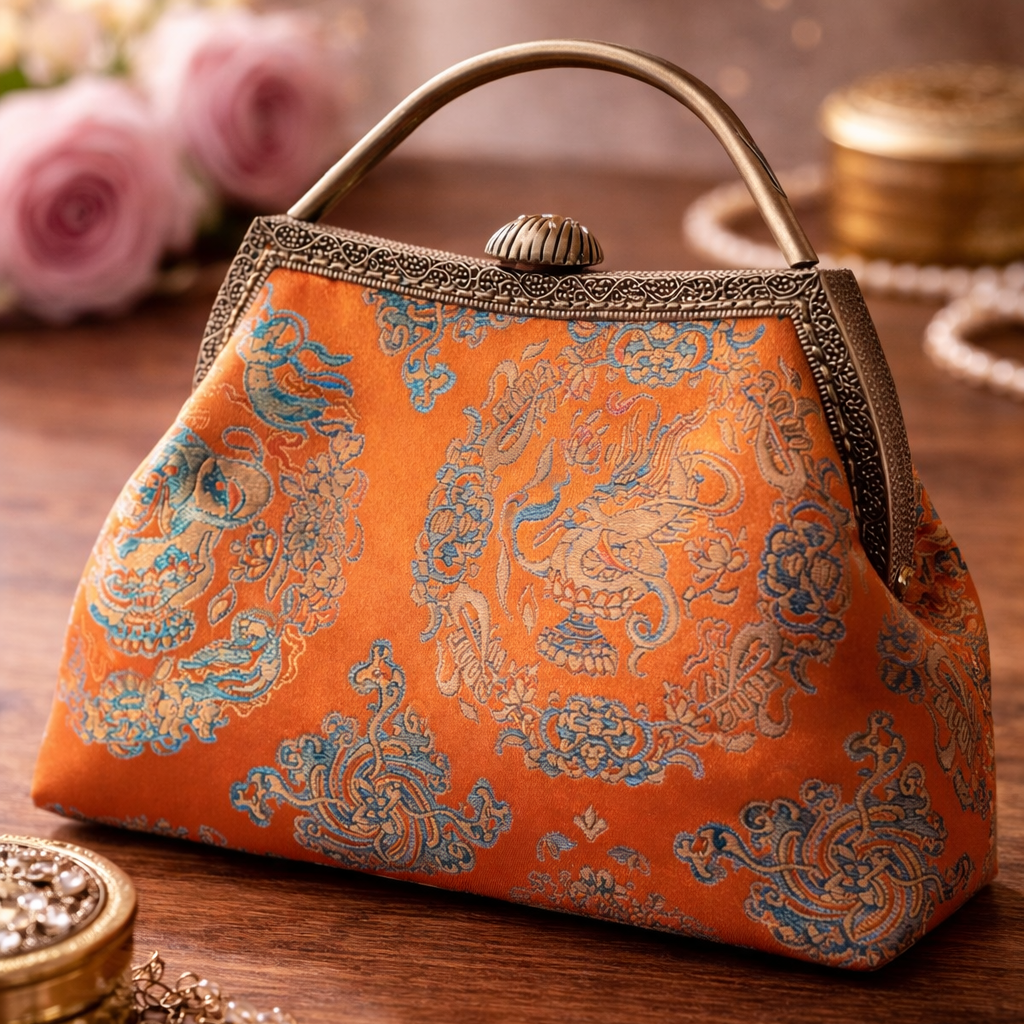 Orange Silk Brocade Vintage Handbag | Chinese-Style Evening Purse for Women