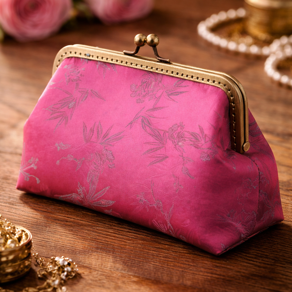 Pink Silk Vintage Frame Purse | Elegant Silk Clutch Bag for Women