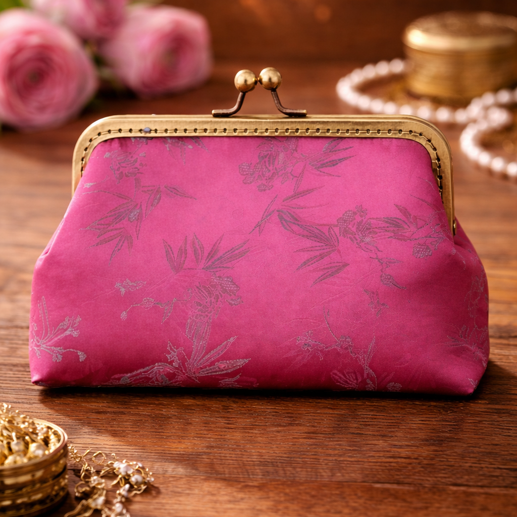 Pink Silk Vintage Frame Purse | Elegant Silk Clutch Bag for Women
