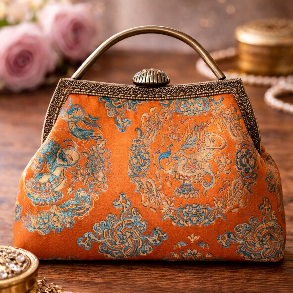 Orange Silk Brocade Vintage Handbag | Chinese-Style Evening Purse for Women