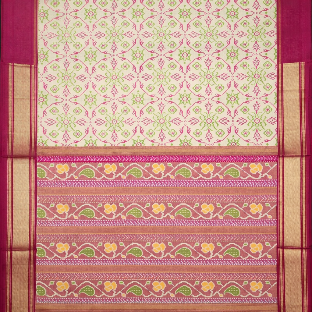 Cream & Pink Patola-Style Pochampally Ikat Pure Tissue Silk Saree with Zari Highlights and Contrast Red Border