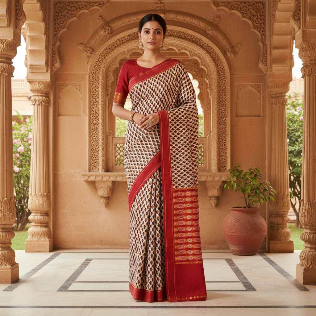 Red Pochampally Ikat Pure Silk Saree with Geometric Jaal Design & Contrast Border