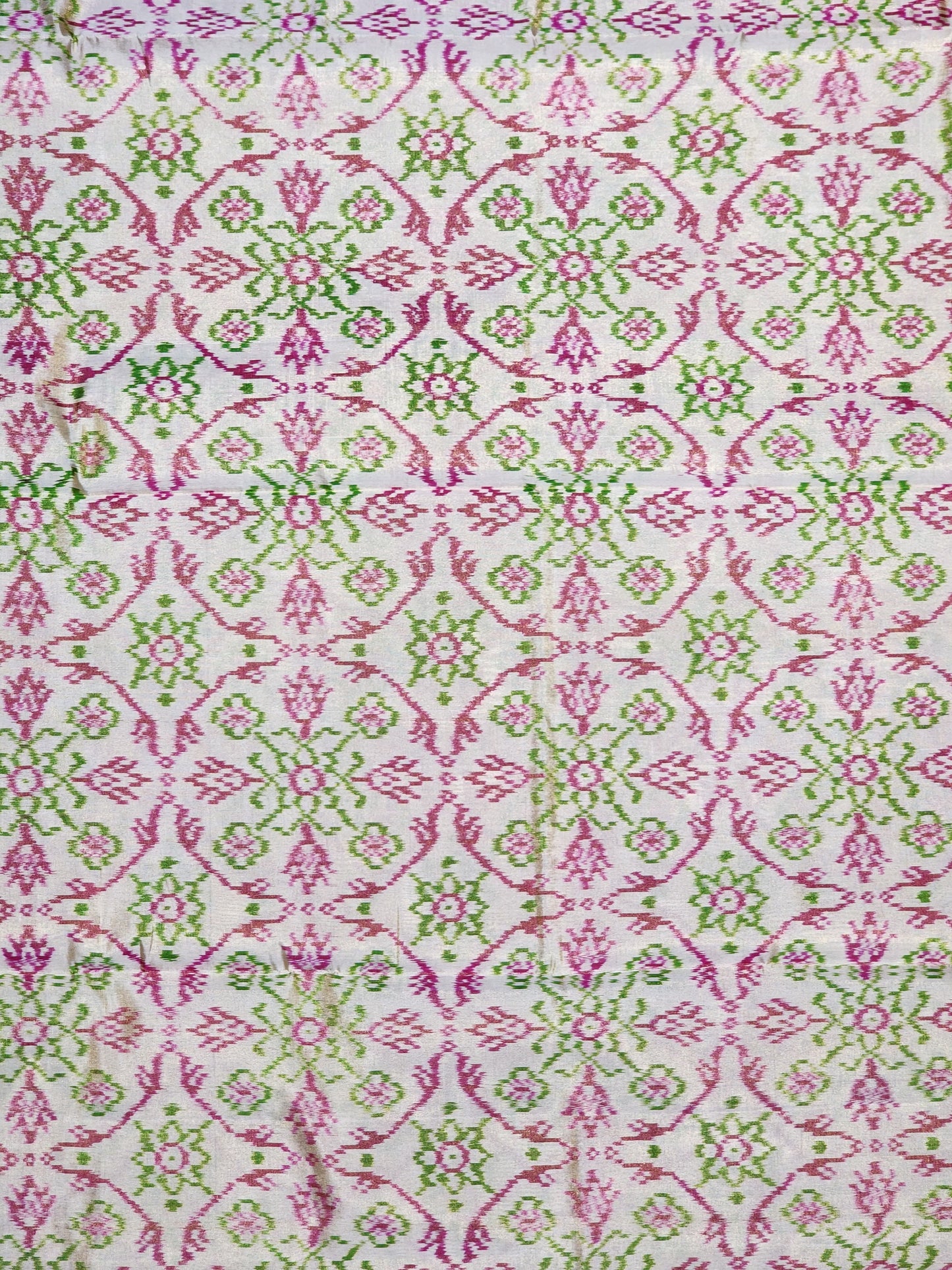 Cream & Pink Patola-Style Pochampally Ikat Pure Tissue Silk Saree with Zari Highlights and Contrast Red Border