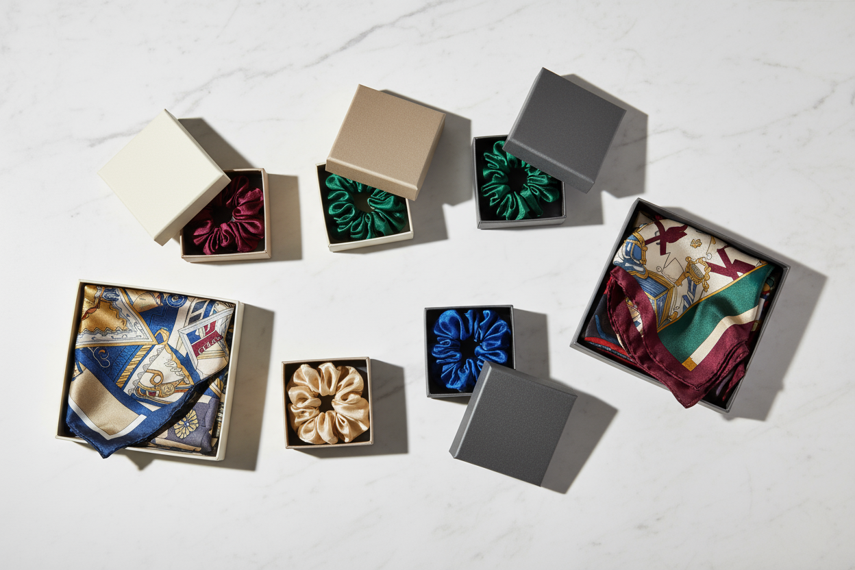 there is only scrunchie per box, there are also 2-3 boxes of silk scarves around. make it a top view. and make the background look elegant